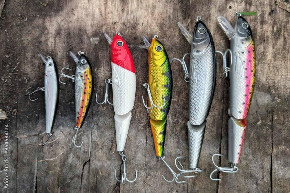 Fishing lures set, spinning ger, angling, sport fishing, catch and release, fish bait isolated on aged wood background