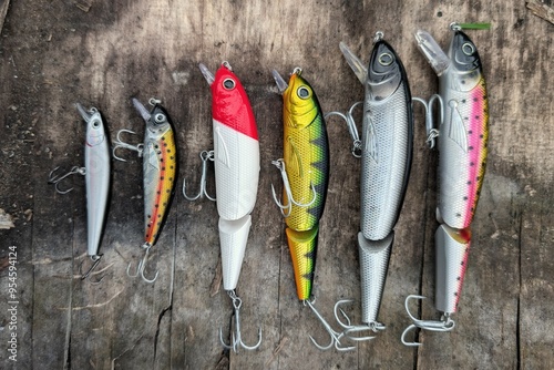 Obraz na płótnie Fishing lures set, spinning ger, angling, sport fishing, catch and release, fish bait isolated on aged wood background w salonie