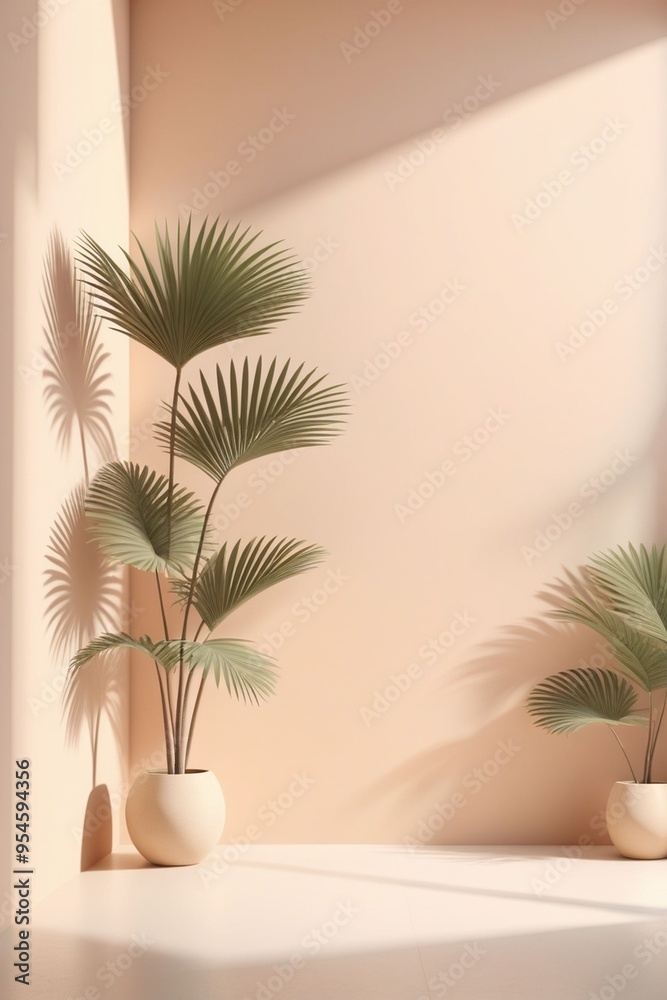 An empty room with tropical tree, pastel beige tone for product presentation and object display An empty room with tropical tree, pastel beige tone for product presentation and object display