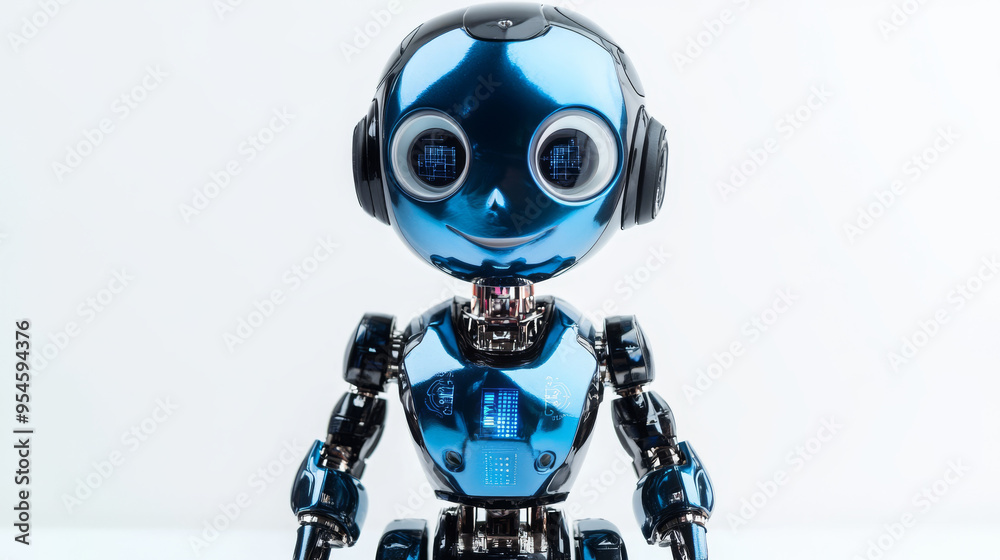 A small blue humanoid robot with a human face and body, showcasing artificial intelligence, isolated on a white background. A small blue humanoid robot with a human face and body, showcasing artificial intelligence, isolated on a white background.
