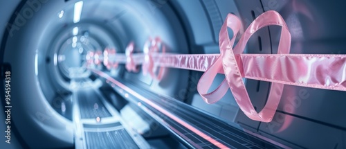 isolated breast cancer awareness ribbon and PET scan image