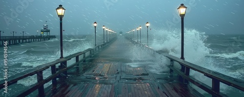 Hurricane rain and wind lashing seaside pier, 4K hyperrealistic photo photo