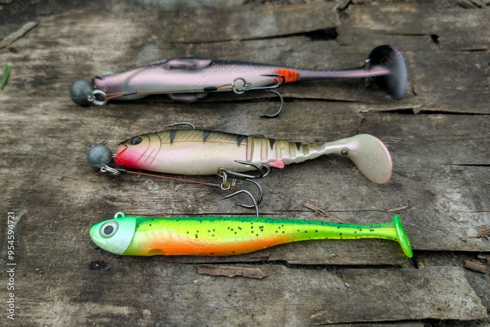 Fishing lures set, spinning ger, angling, sport fishing, catch and release, fish bait isolated on aged wood background