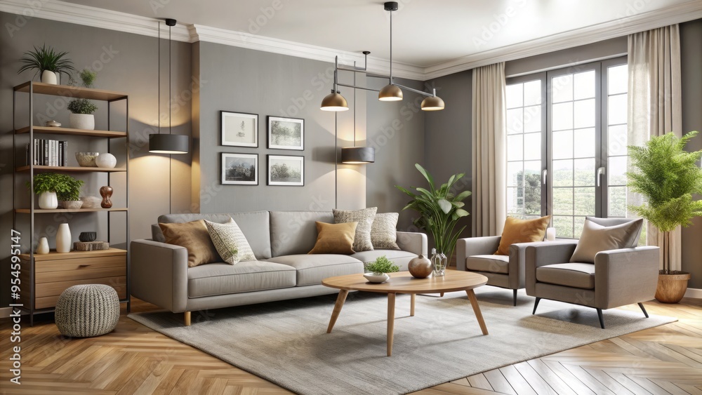 Fototapeta premium Modern walls painted in soothing neutral hues provide a clean canvas for tasteful furniture, crafting a harmonious and