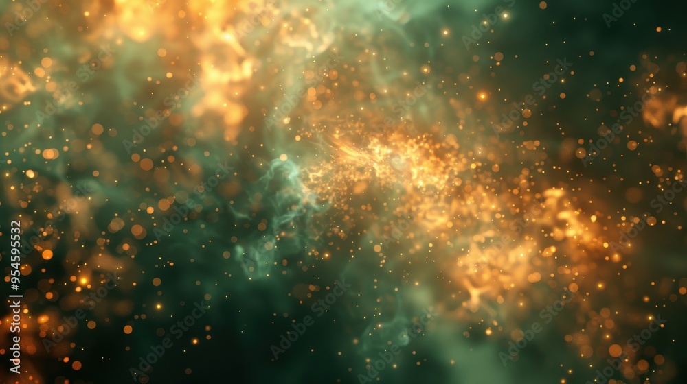 Vibrant Firestorm, a dynamic blend of cloud-like textures in vivid greens and yellows, interspersed with shimmering particles creating a captivating backdrop.