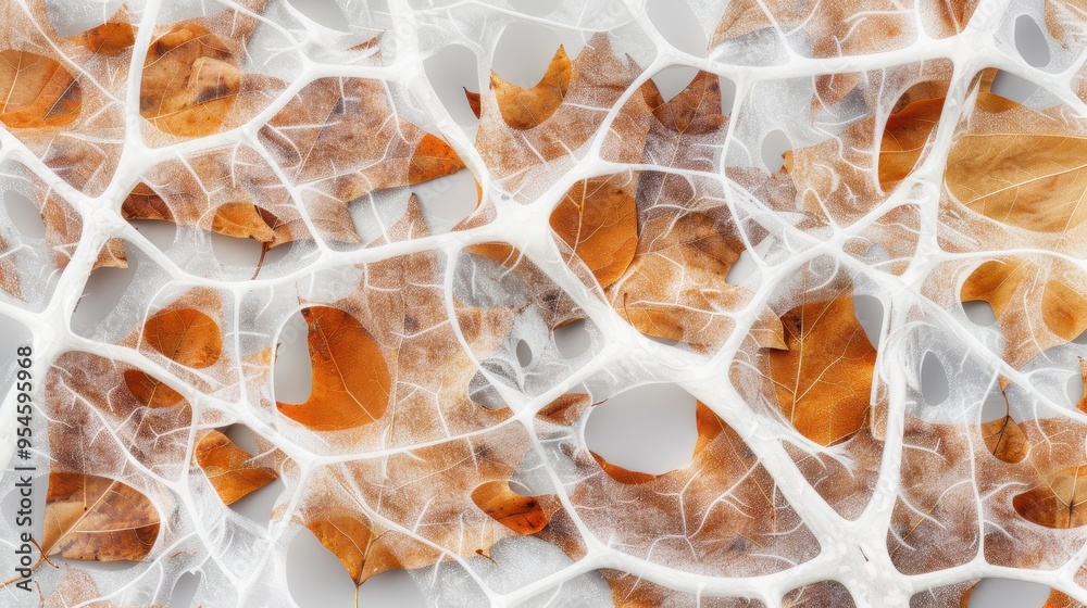 Autumn's Veil, an intricate illustration revealing a top view of transparent dry leaves intertwined with a delicate tentacle network on a grey forest floor. Autumn's Veil, an intricate illustration revealing a top view of transparent dry leaves intertwined with a delicate tentacle network on a grey forest floor.