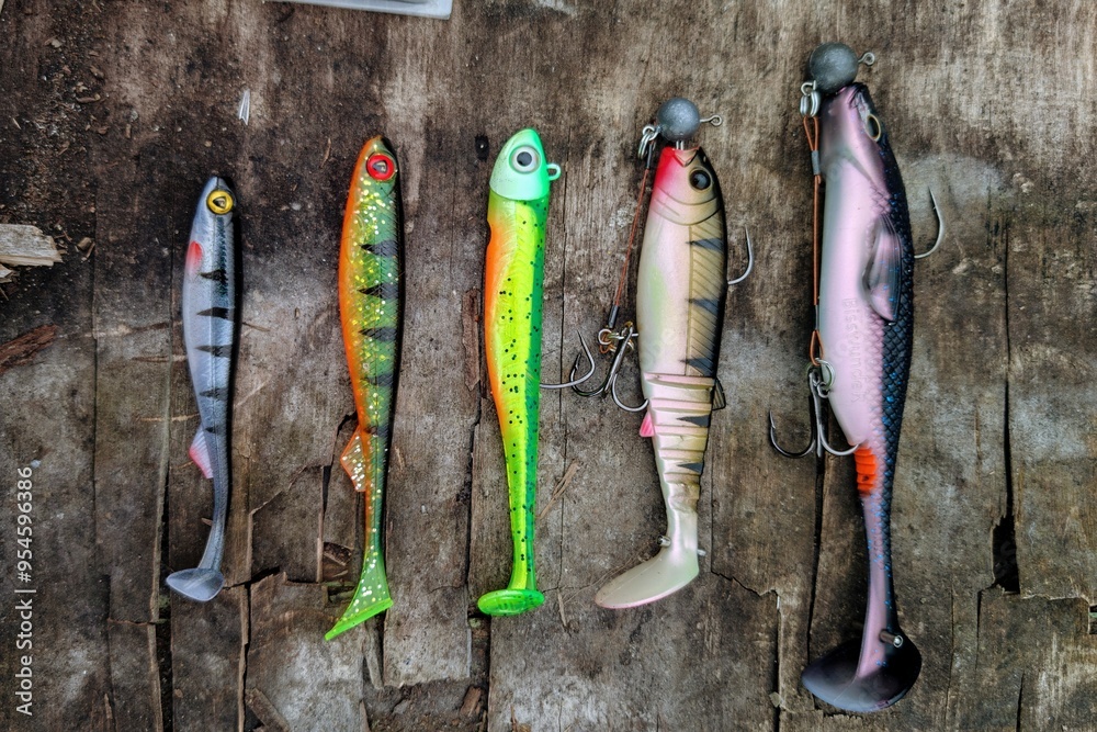 Fishing lures set, spinning ger, angling, sport fishing, catch and release, fish bait isolated on aged wood background