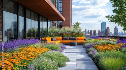 Office buildinga??s rooftop garden with seating areas and city views, offering a green space in the urban setting. photo