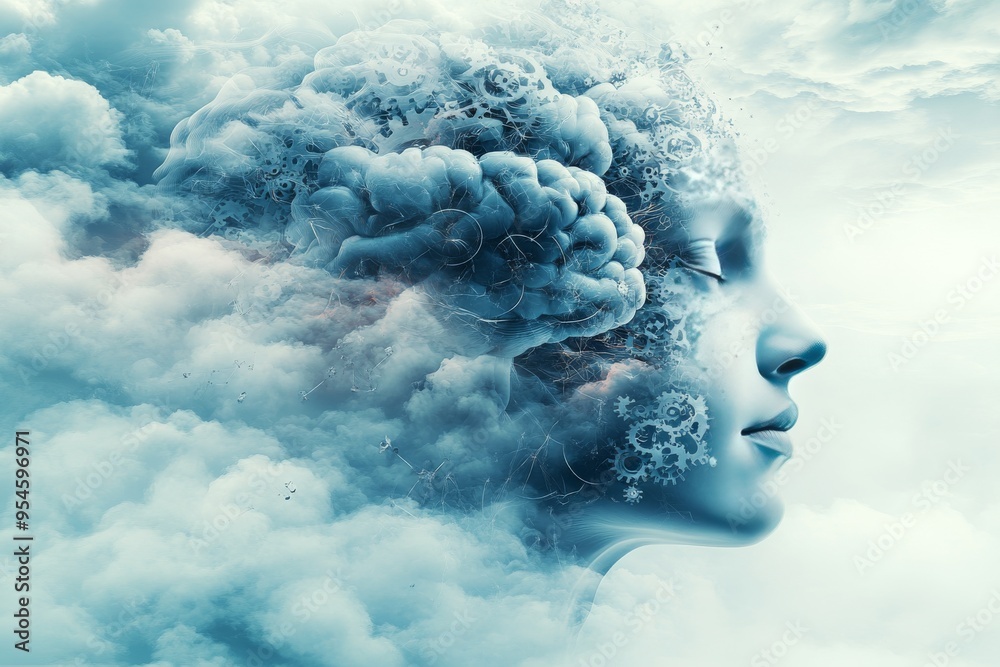 Inquisitive Brain connectivity Surreal image of a human brain dissolving into clouds representing the blending of consciousness with the vast expanse of the sky and the infinite nature of thought Inquisitive Brain connectivity Surreal image of a human brain dissolving into clouds representing the blending of consciousness with the vast expanse of the sky and the infinite nature of thought