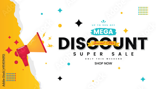 Banner announcing mega discount with half price reduction. Special offer with 50 percent off advertisement. Promotion poster template with limited time super sale vector illustration
