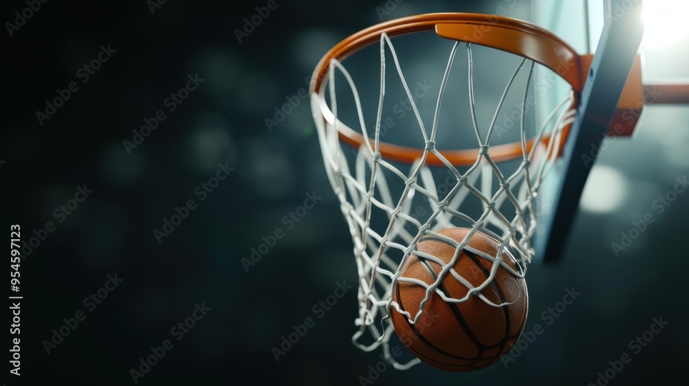 Basketball Descending into Net, dynamic perspective, vibrant textures on the ball and net, striking illumination, perfect for media applications and promotional content Basketball Descending into Net, dynamic perspective, vibrant textures on the ball and net, striking illumination, perfect for media applications and promotional content