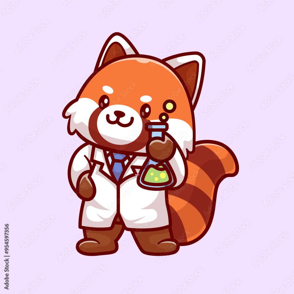 Fototapeta premium Cute Red Panda Scientist Holding Lab Tube Cartoon Vector Icon Illustration. Animal Science Icon Concept Isolated Premium Vector. Flat Cartoon Style