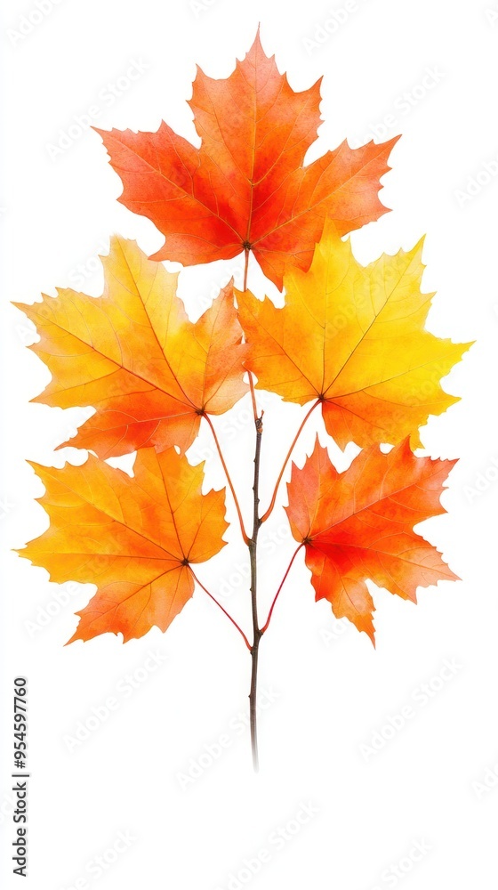 Fototapeta premium Four Orange and Yellow Maple Leaves on a Branch