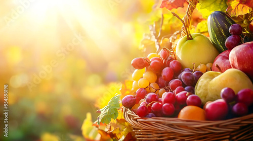 composition with autumn vegetables and fruits lying in a basket in maple leaves under bright rays of the sun. Tomato, grapes, broccoli, pomegranate, orange, zucchini, pumpkin pear, apple, onion, cucum photo