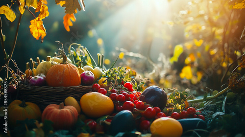 composition with autumn vegetables and fruits lying in a basket in maple leaves under bright rays of the sun. Tomato, grapes, broccoli, pomegranate, orange, zucchini, pumpkin pear, apple, onion, cucum photo