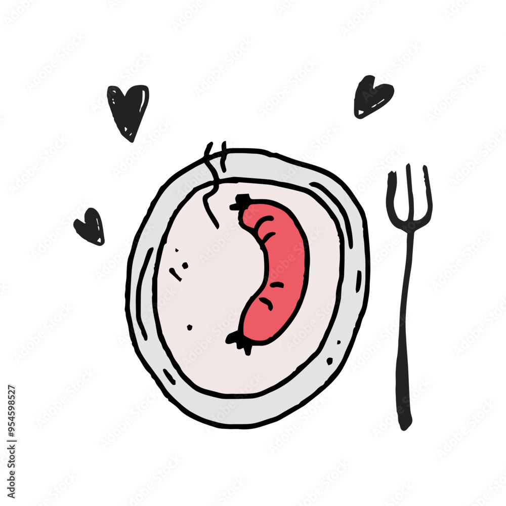 Sausage on a plate. Hand drawn doodle vector art style clip art. Naive childish art illustration Sausage on a plate. Hand drawn doodle vector art style clip art. Naive childish art illustration