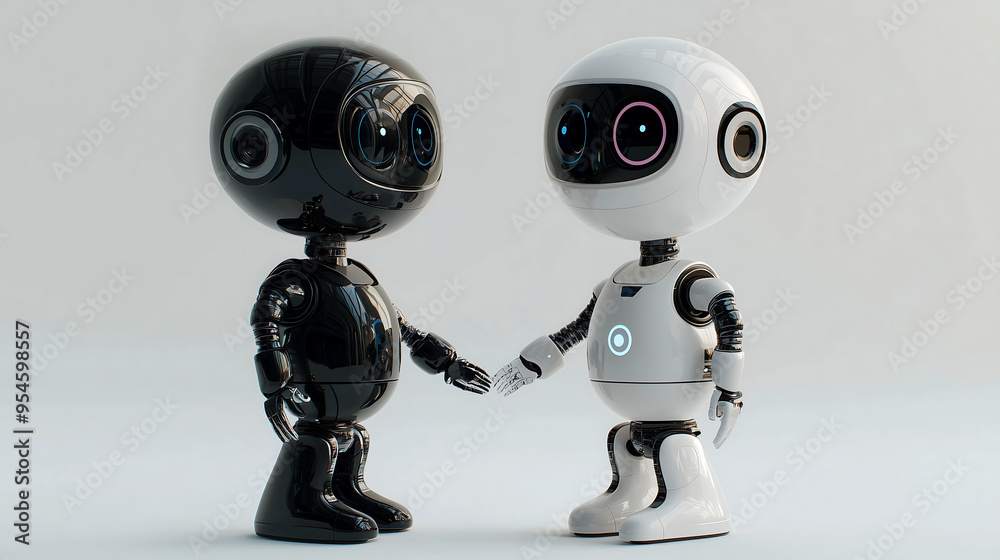 cute black and white robot shaking hands with another adorable character, a 3D rendering on a plain background cute black and white robot shaking hands with another adorable character, a 3D rendering on a plain background