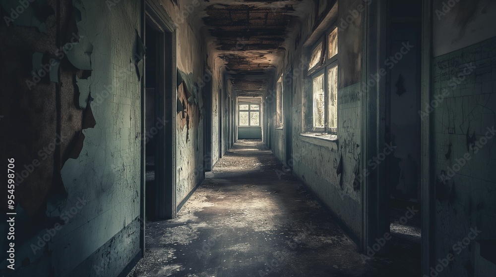 Decaying corridor of an abandoned building with natural light from windows. Decaying corridor of an abandoned building with natural light from windows.
