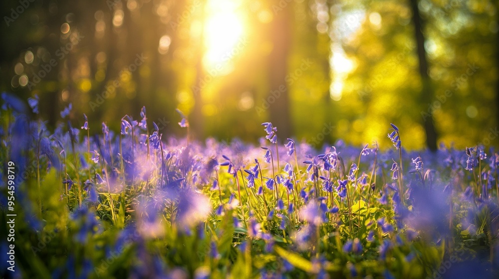 Naklejka premium Bluebell flowers blooming in forest at sunrise with soft focus and sunlight.