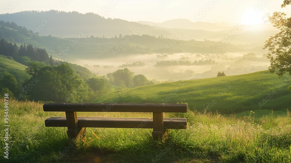 Wooden bench overlooking a misty valley at sunrise. Wooden bench overlooking a misty valley at sunrise.