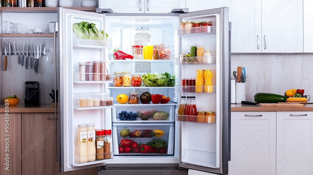 Open Refrigerator Fully Stocked with Fresh Food and Beverages in a Modern Kitchen, Emphasizing Organization and Freshness in Home Storage Open Refrigerator Fully Stocked with Fresh Food and Beverages in a Modern Kitchen, Emphasizing Organization and Freshness in Home Storage