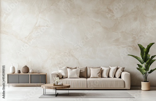 Minimalist Living Room with Neutral Tones, Modern Sofa, and Decorative Plants – Luxurious and Serene Interior, Created with AI

