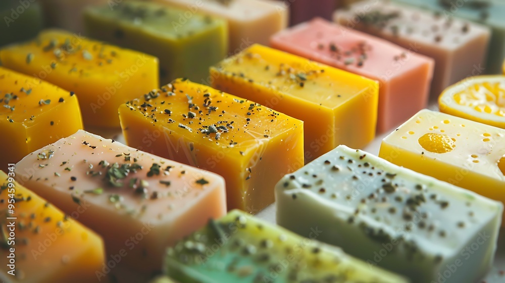 Crafted soaps in lively hues with yellow and lemon pieces Crafted soaps in lively hues with yellow and lemon pieces