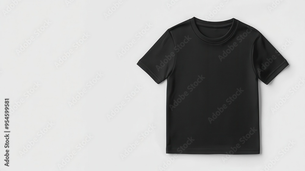 Black kids' T-shirt on a white background with soft shadows, Kids T-Shirt Mockup, Minimalist and clean design Black kids' T-shirt on a white background with soft shadows, Kids T-Shirt Mockup, Minimalist and clean design