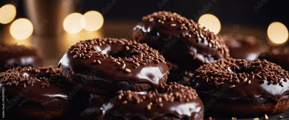 Freshly made chocolate donuts with a rich glaze and creamy filling sit on parchment paper. They are presented on table, showcasing their delectable appearance. Cocoa brown glaze on buns. Generative AI Freshly made chocolate donuts with a rich glaze and creamy filling sit on parchment paper. They are presented on table, showcasing their delectable appearance. Cocoa brown glaze on buns. Generative AI