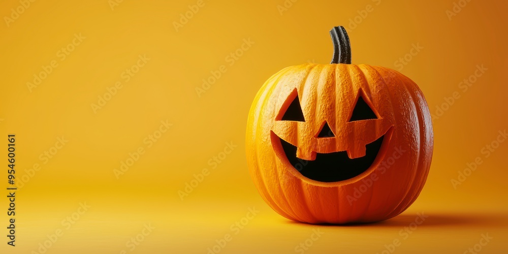Fototapeta premium A Halloween pumpkin with a smiling face on a yellow background. Halloween Concept