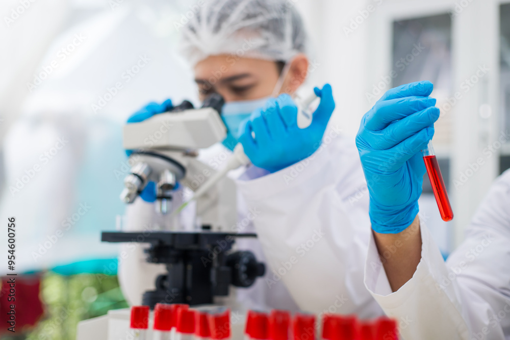 A modern laboratory scene showcasing scientists, both male , in lab coats, analyzing samples using microscopes and computers. A modern laboratory scene showcasing scientists, both male , in lab coats, analyzing samples using microscopes and computers.