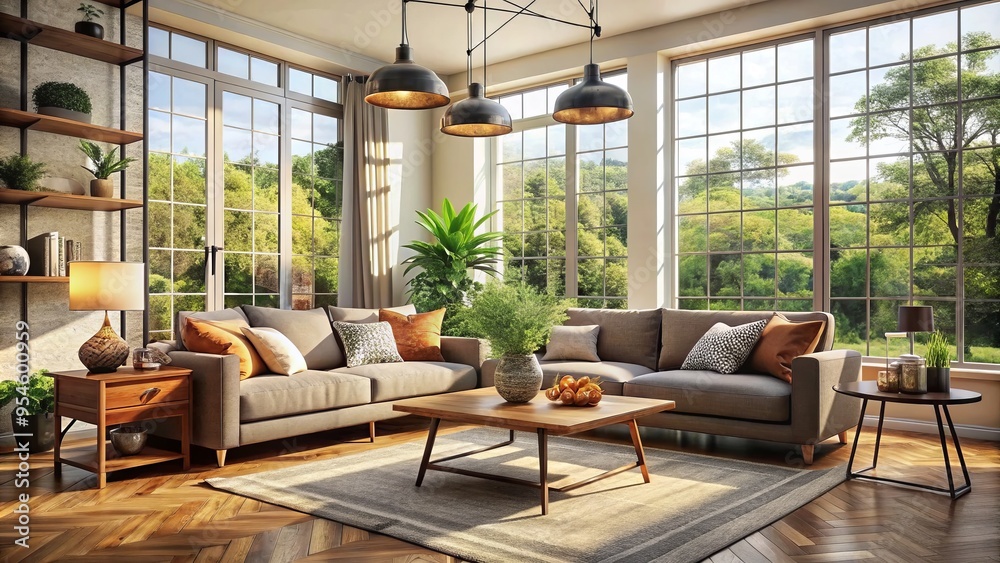 Sleek lines and modern accents define this cozy living room, where stylish furniture and large windows pour in Sleek lines and modern accents define this cozy living room, where stylish furniture and large windows pour in