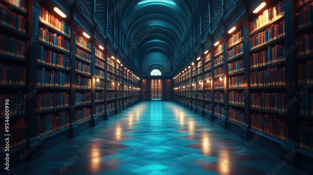 A Long Corridor of Bookshelves in a Dark Library A Long Corridor of Bookshelves in a Dark Library