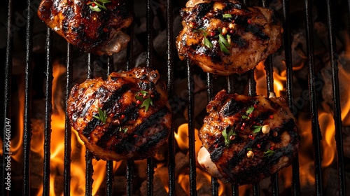 Four Grilled Chicken Pieces on a Barbecue Grill photo