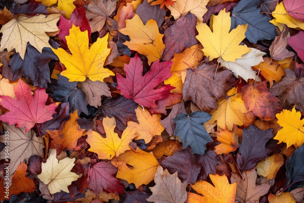 Obraz premium A background of colorful autumn leaves scattered on the ground, including oak and maple leaves.