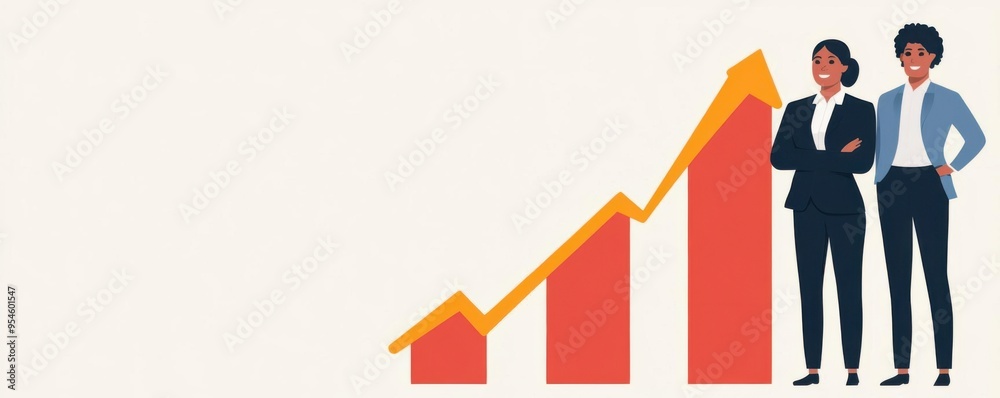 Motivated employees with upward graph, business growth, flat design illustration Motivated employees with upward graph, business growth, flat design illustration