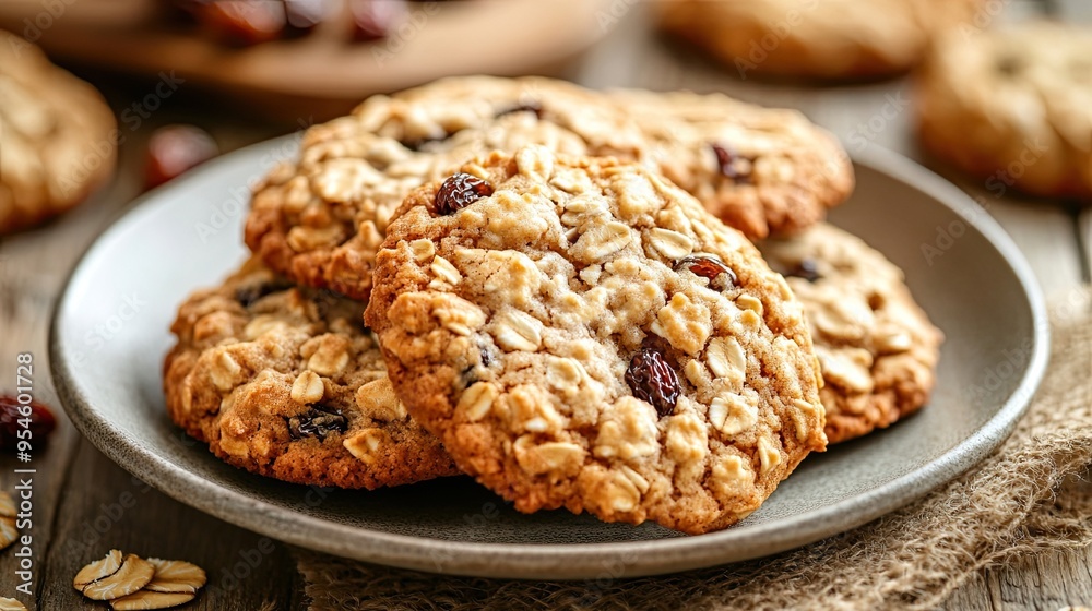 Plate of Freshly Baked Oatmeal Cookies with Raisins: Delicious Plate of Warm, Freshly Baked Oatmeal Cookies Studded with Raisins, Ideal for Food and Recipe Content Plate of Freshly Baked Oatmeal Cookies with Raisins: Delicious Plate of Warm, Freshly Baked Oatmeal Cookies Studded with Raisins, Ideal for Food and Recipe Content
