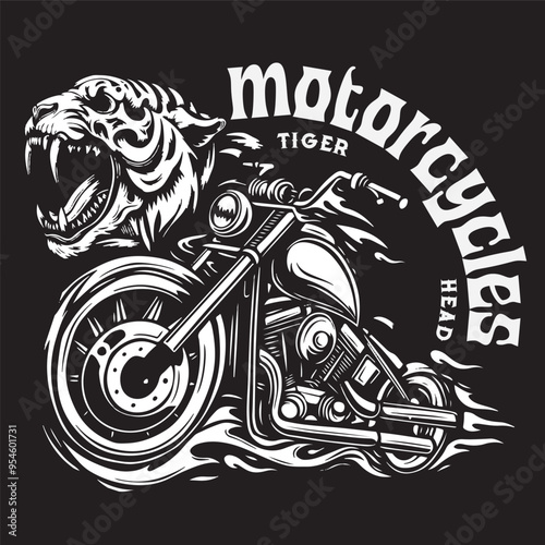 Vintage monochrome illustration of a motorbike with a tiger aura