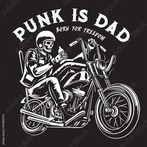 vintage monochrome illustration of a skull relaxing on a chopper motorbike