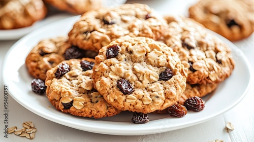 Plate of Freshly Baked Oatmeal Cookies with Raisins: Delicious Plate of Warm, Freshly Baked Oatmeal Cookies Studded with Raisins, Ideal for Food and Recipe Content