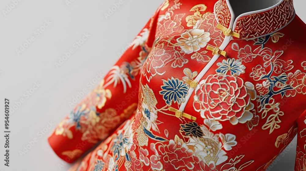 Naklejka premium A vibrant red traditional dress adorned with floral embroidery, showcasing cultural craftsmanship.