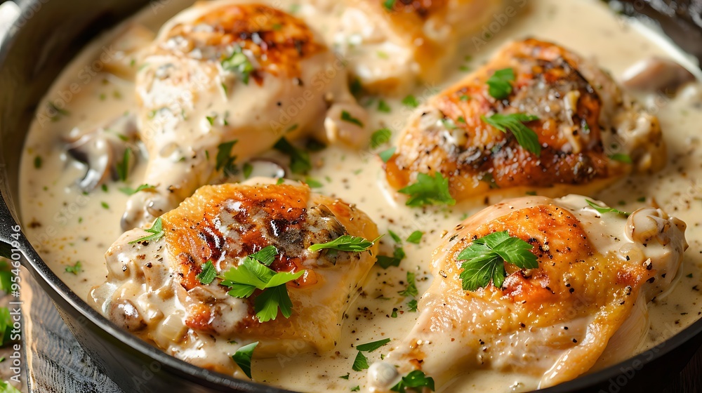 Creamy sauce prepared in a dutch oven is a recipe for chicken fricassee Creamy sauce prepared in a dutch oven is a recipe for chicken fricassee