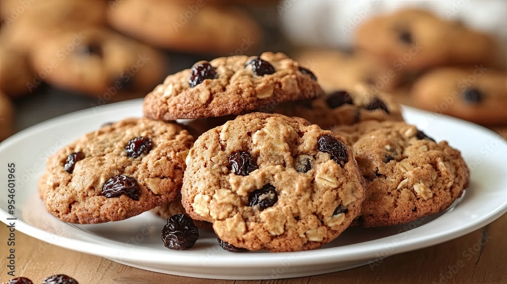 Plate of Freshly Baked Oatmeal Cookies with Raisins: Delicious Plate of Warm, Freshly Baked Oatmeal Cookies Studded with Raisins, Ideal for Food and Recipe Content Plate of Freshly Baked Oatmeal Cookies with Raisins: Delicious Plate of Warm, Freshly Baked Oatmeal Cookies Studded with Raisins, Ideal for Food and Recipe Content