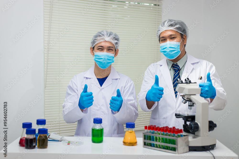 A modern laboratory scene showcasing scientists, both male , in lab coats, analyzing samples using microscopes and computers. A modern laboratory scene showcasing scientists, both male , in lab coats, analyzing samples using microscopes and computers.
