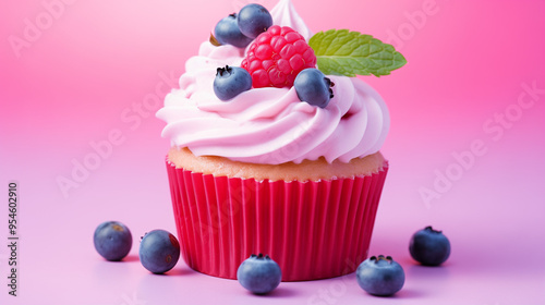 delicious cupcake with blueberries, raspberries and mint on pink tile background