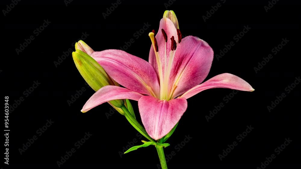 Time lapse footage of red Lycoris radiata spider lily magic lily equinox flower or higanbana growing blossom from bud to full blossom isolated on black background, 4k video, close up b roll shot.