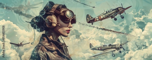 Vintage aviation collage with old planes, pilot gear, and historical flights, 4K hyperrealistic photo photo