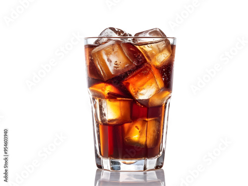 a glass of coke with ice cubes isolated on transparent background. 