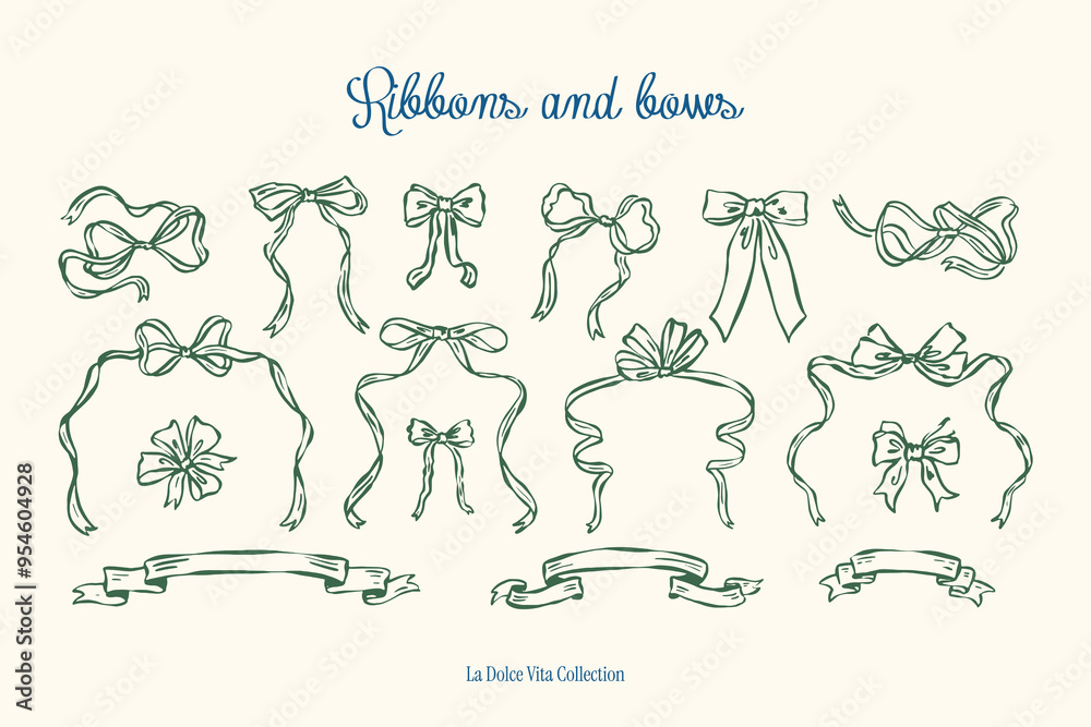 Minimalist hand drawn ribbons and bows vector illustration collection ...