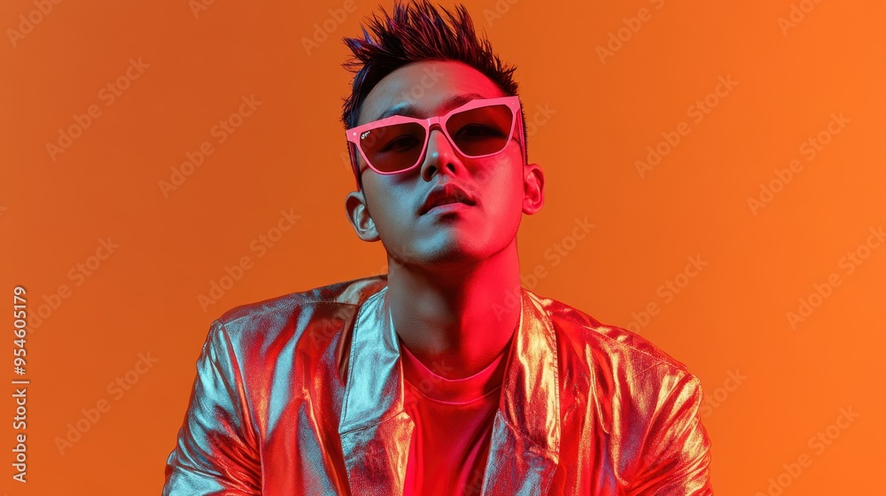 An Asian man showcases his unique style in a metallic oversized jacket while wearing sunglasses, exuding confidence in a vibrant setting An Asian man showcases his unique style in a metallic oversized jacket while wearing sunglasses, exuding confidence in a vibrant setting